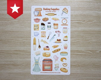 May include: A rectangular sticker sheet titled Baking Supplies Sticker Sheet featuring various watercolor illustrations of kitchen appliances, baking tools, and food items including a mixer, rolling pin, scale, oven, apron, and assorted baked goods.