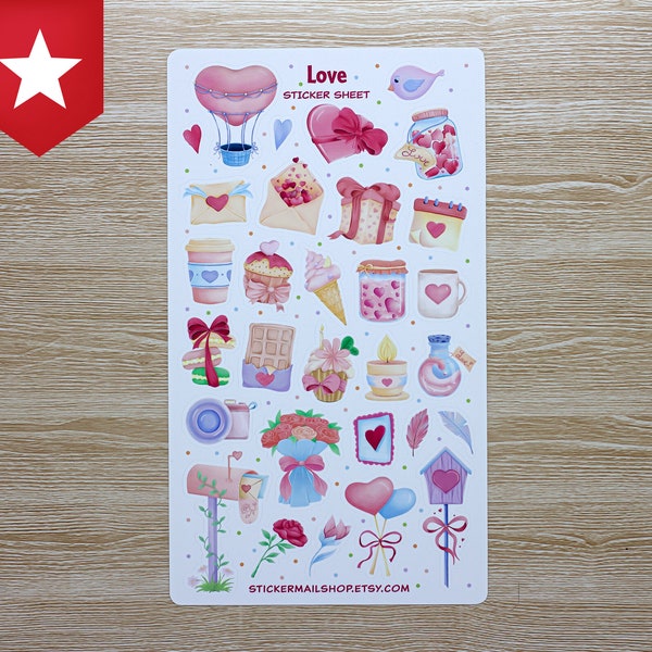 Love Sticker Sheet Bullet Journal Scrapbooking Cute Decorative Stickers Supplies Valentines Love Letters Heart Romance Kiss Pink Flowers