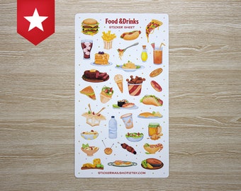 May include: A rectangular sticker sheet titled Food & Drinks Sticker Sheet featuring various colorful illustrations of meals, snacks, and beverages including a burger, fries, pizza, sushi, and steak. The bottom text reads STICKERMAILSHOP.ETSY.COM.