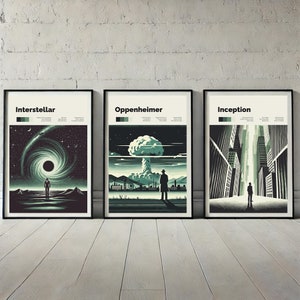 May include: Three minimalist movie poster prints with black frames. The posters feature black and white illustrations of scenes from the movies Interstellar, Oppenheimer, and Inception. Each poster has a title at the top and a color palette at the top left.