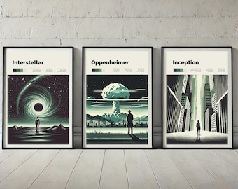 Juego de pósteres de películas de Nolan: Origen, Oppenheimer, Interstellar (Impresiones digitales)