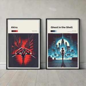 Akira & Ghost in the Shell Minimalist Anime Poster Set - Cyberpunk Digital Prints for Home Decor