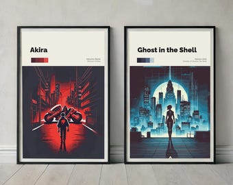 Conjunto de pósteres minimalistas de anime de Akira y Ghost in the Shell - Láminas digitales cyberpunk para la decoración del hogar