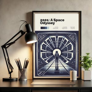 Puede incluir: Un p&oacute;ster minimalista con una ilustraci&oacute;n azul y blanca de un astronauta caminando por un pasillo en una nave espacial. El p&oacute;ster tiene el texto "2001: Una odisea del espacio" en blanco y negro.