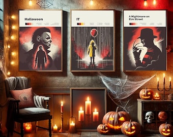 Conjunto de pósteres de películas de terror de Halloween: Láminas minimalistas (Descarga digital)