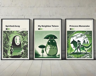 Studio Ghibli Minimalist Poster Set: Spirited Away, Totoro, Mononoke (Digital Prints)