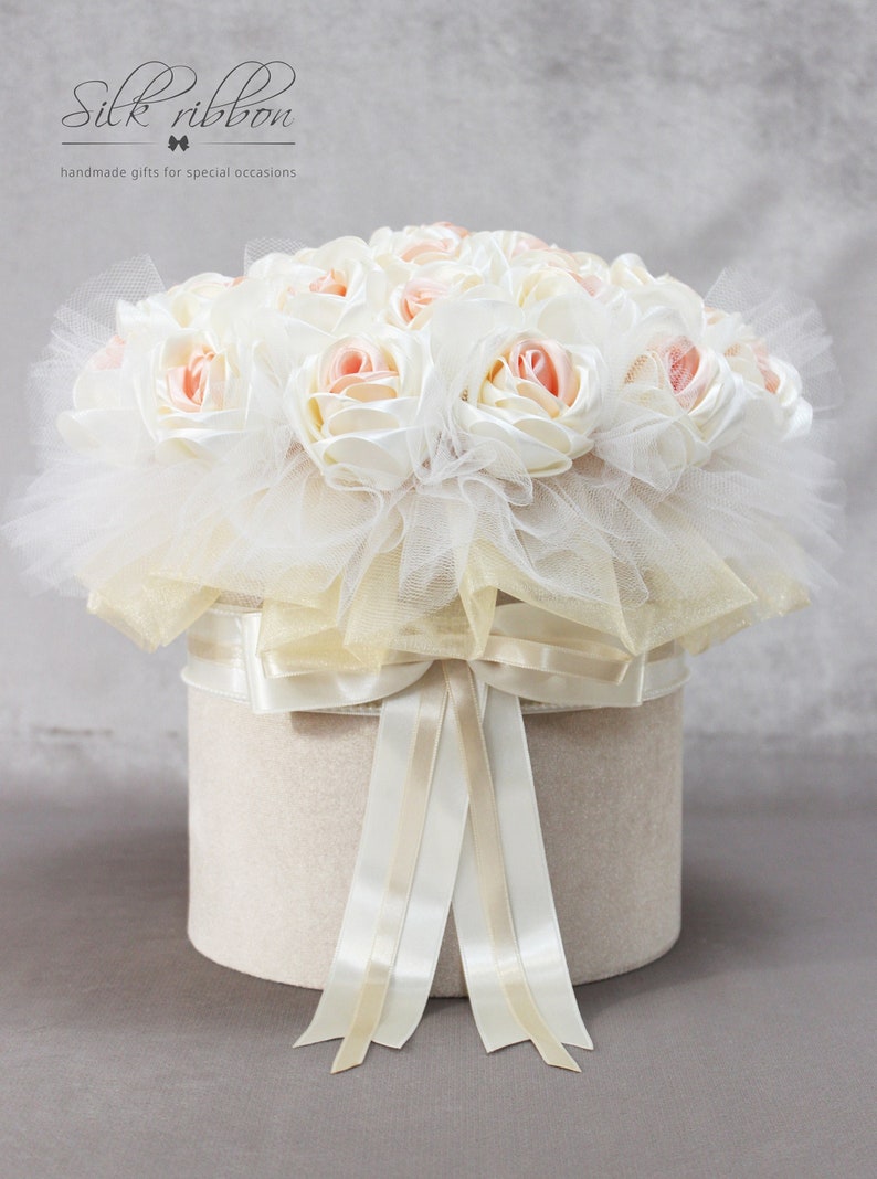 Ribbon Roses Bouquet Roses in a Round Box Luxury Flower Box Etsy