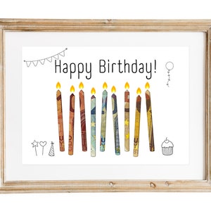 May include: A framed birthday card with the text "Happy Birthday!" and a row of candles made from rolled up euro bills.
