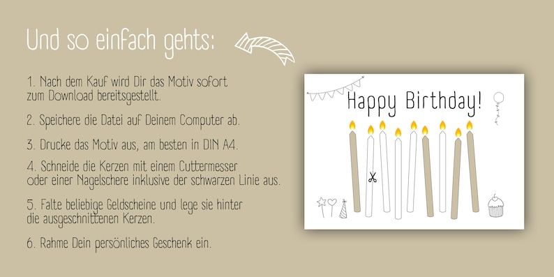 May include: Printable DIY birthday card with instructions on how to make a money gift. The card features a white background with a black outline of a birthday cake with candles and the text "Happy Birthday!"