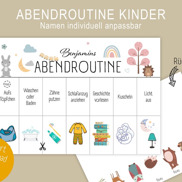 Routineplan für Kinder, Wochenplaner, Abendroutine, individuell mit Namen personalisierbar, Montessori, Junge & Mädchen, Kindererziehung