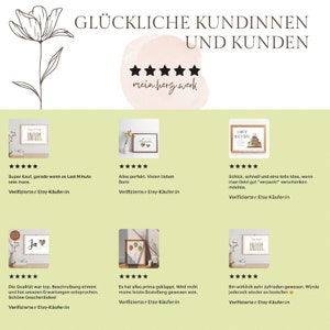 May include: Five customer reviews with five stars each for a shop called "mein.herz.werk". The reviews are in German and praise the quality of the products and the speed of delivery. The reviews are accompanied by images of the products, which are all framed prints.