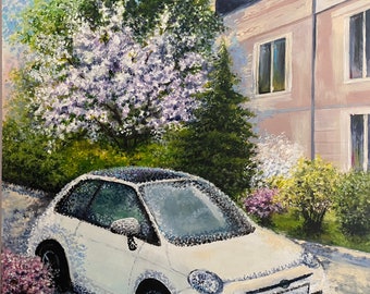 Car City Bright spring Acrylic painting 30*40 cm Framed 32*42 cm gift, unique gift, New Year gift, for him /her, home decor