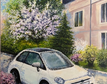 Car City Bright spring Peinture acrylique 30*40 cm Encadré 32*42 cm cadeau, cadeau unique, cadeau du Nouvel An, pour lui / elle, décoration intérieure