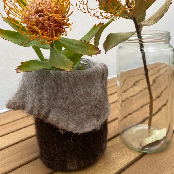 Felt Wool Vase Cover, Handmade Glass Jar Vase, Bohemian Wool Planter, Unique Plant Pot Cover, Felted Plant Accessories, Flower Pot Cover