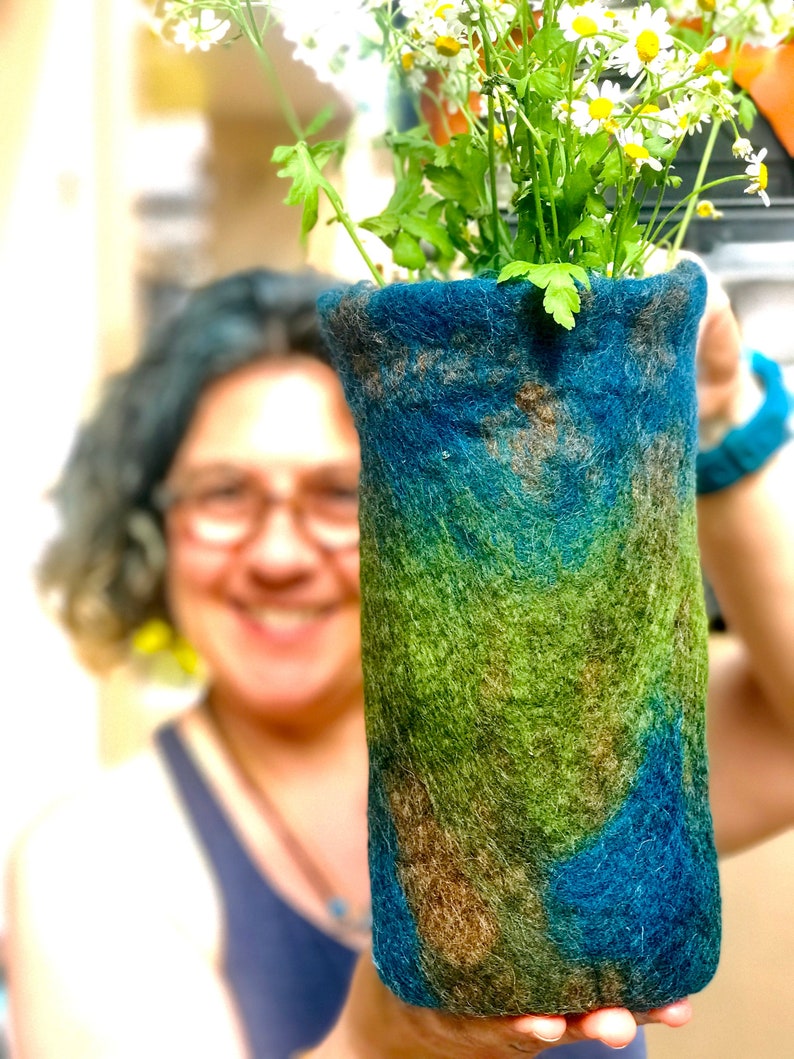 Natural Felt Vase for Flowers, Felted Plant Pot Cover, Recycled Glass