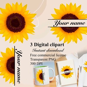 Sunflower clipart, Sunflower png, Sunflowers with your name, Sunflower illustration, Sunflower art, Printable sunflower, Instant download