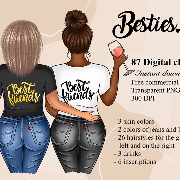 Customizable clipart,  Best friends clipart, Plus size girls, BFF clipart, Denim girls clipart, Sisters clipart, Hairstyles clipart