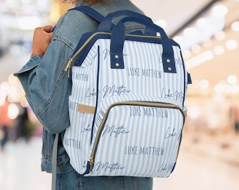 Personalized Blue Seersucker Diaper Bag