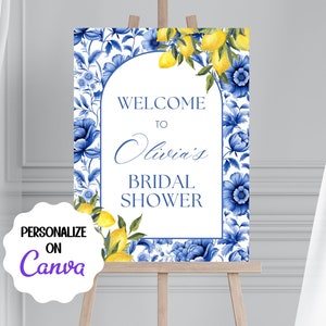Plantilla de letrero de bienvenida para despedida de soltera editable en azul y amarillo, con diseño de Toile y limones, personalizable, imprimible y descarga digital.