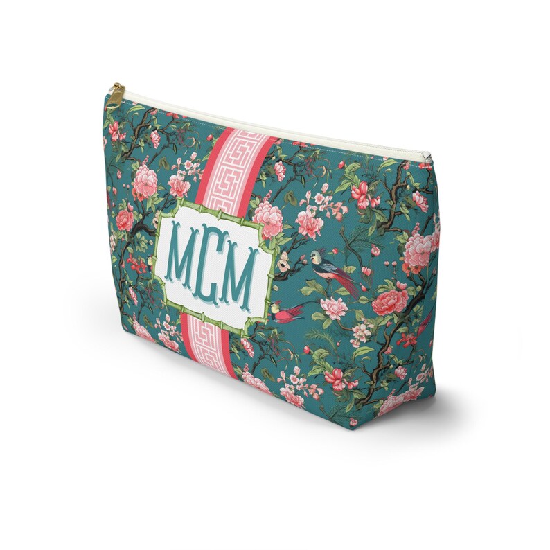 Chinoiserie Monogrammed Mahjong Tile Bag: Teal & Pink Bird Print image 3