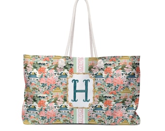 Chinoiserie Mahjong Tote: Monogrammed Travel Bag, Preppy Green & Pink