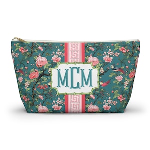 Chinoiserie Monogrammed Mahjong Tile Bag: Teal & Pink Bird Print image 1