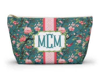 Chinoiserie Monogrammed Mahjong Tile Bag: Teal & Pink Bird Print