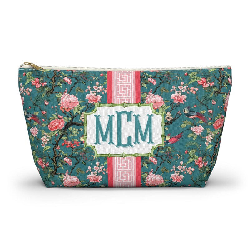 Chinoiserie Monogrammed Mahjong Tile Bag: Teal & Pink Bird Print image 1