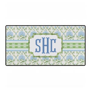Monogrammed Floral Desk Mat: Blue Hydrangea, Personalized Home Office Decor image 2