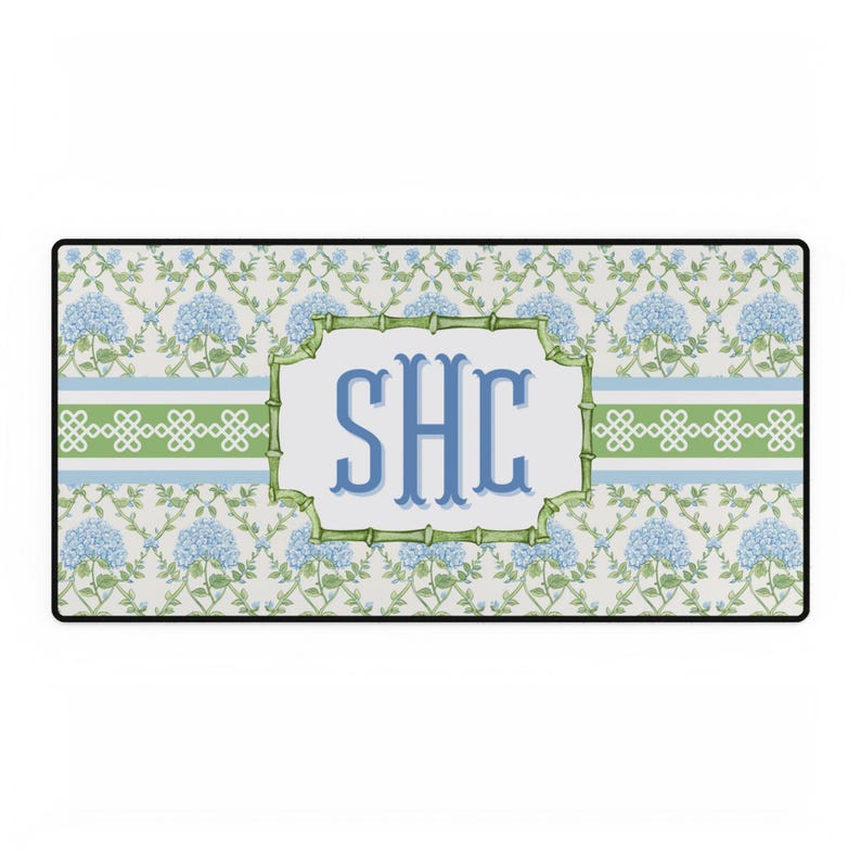 Monogrammed Floral Desk Mat: Blue Hydrangea, Personalized Home Office Decor image 2