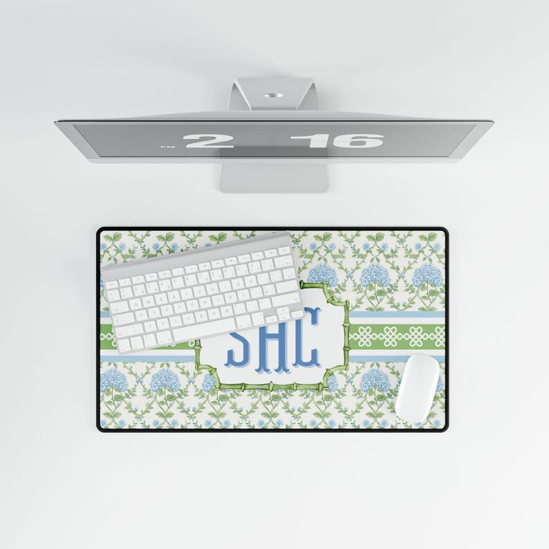 Monogrammed Floral Desk Mat: Blue Hydrangea, Personalized Home Office Decor image 9