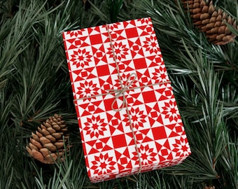 Red Quilt Gift Wrap, Rustic Christmas Wrapping Paper, Quilters Wrapping Paper, Country Gift Wrap, Unique Wrapping Paper, Folk Art Paper Roll