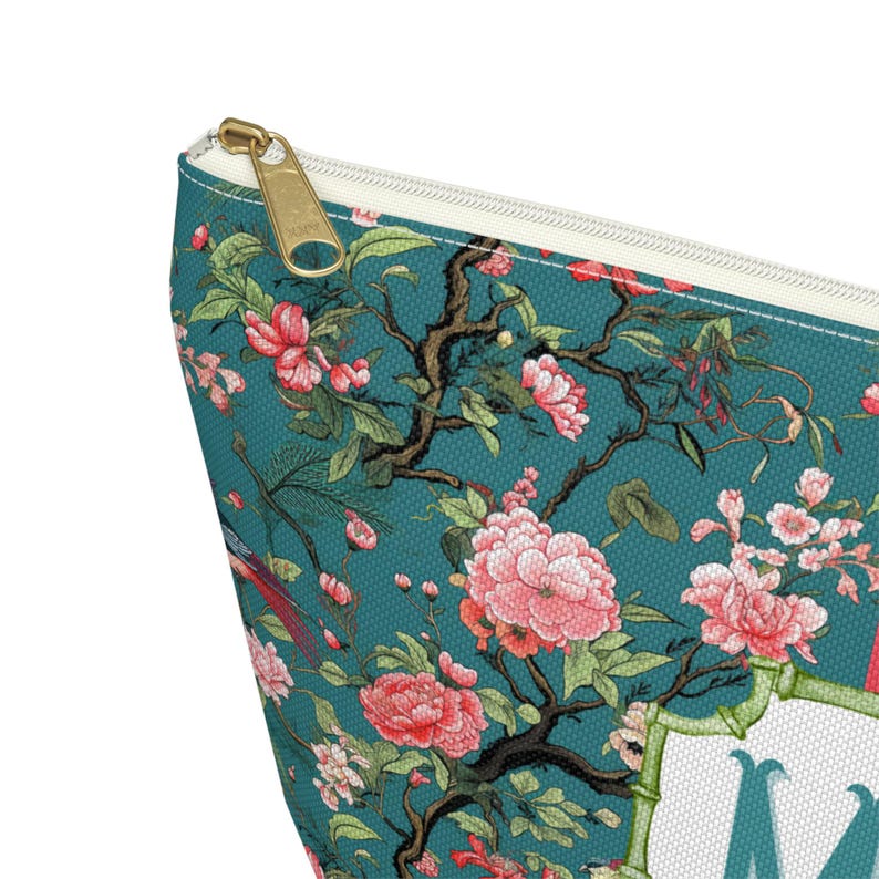 Chinoiserie Monogrammed Mahjong Tile Bag: Teal & Pink Bird Print image 6
