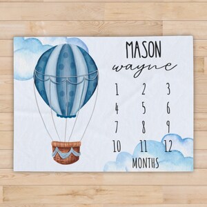 Manta personalizada con globo aerostático para hitos, rastreador de crecimiento de bebé personalizado, regalo para baby shower de recién nacido, manta con foto mensual