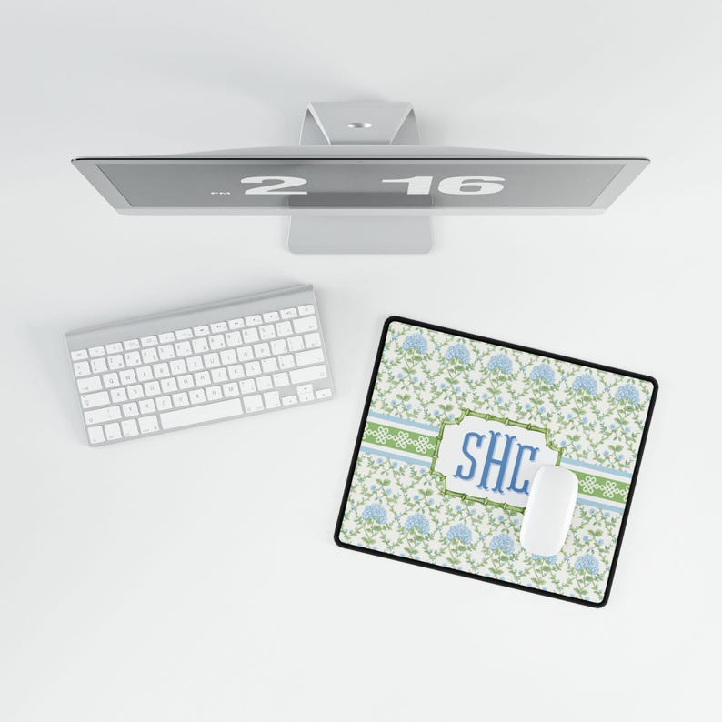 Monogrammed Floral Desk Mat: Blue Hydrangea, Personalized Home Office Decor image 8