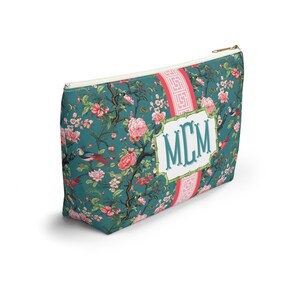 Chinoiserie Monogrammed Mahjong Tile Bag: Teal & Pink Bird Print image 4