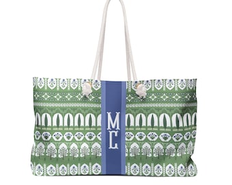 Chinoiserie Mahjong Tote: Monogrammed Travel Bag, Green & Blue