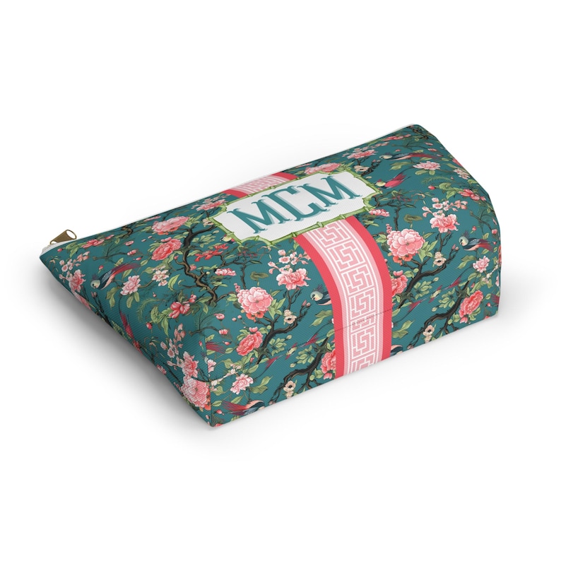 Chinoiserie Monogrammed Mahjong Tile Bag: Teal & Pink Bird Print image 5