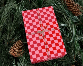 Pink and Red Checker Gift Wrap, Modern Checkered Wrapping Paper, Trendy Gift Wrap Roll, Heavy-Duty Wrapping Paper, Minimalistic Gift Wrap
