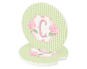 Posavasos para coche con monograma de hortensias, accesorios de coche estilo preppy con estampado de cuadros vichy