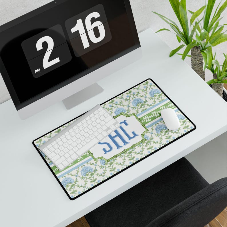 Monogrammed Floral Desk Mat: Blue Hydrangea, Personalized Home Office Decor image 7