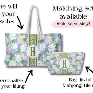 May include: A tote bag and matching cosmetic bag set. Both bags feature a blue floral pattern with white and pink flowers. The tote has rope handles and a decorative green stripe with the letter "H". The cosmetic bag has a zipper closure.