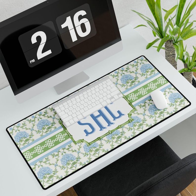 Monogrammed Floral Desk Mat: Blue Hydrangea, Personalized Home Office Decor image 5