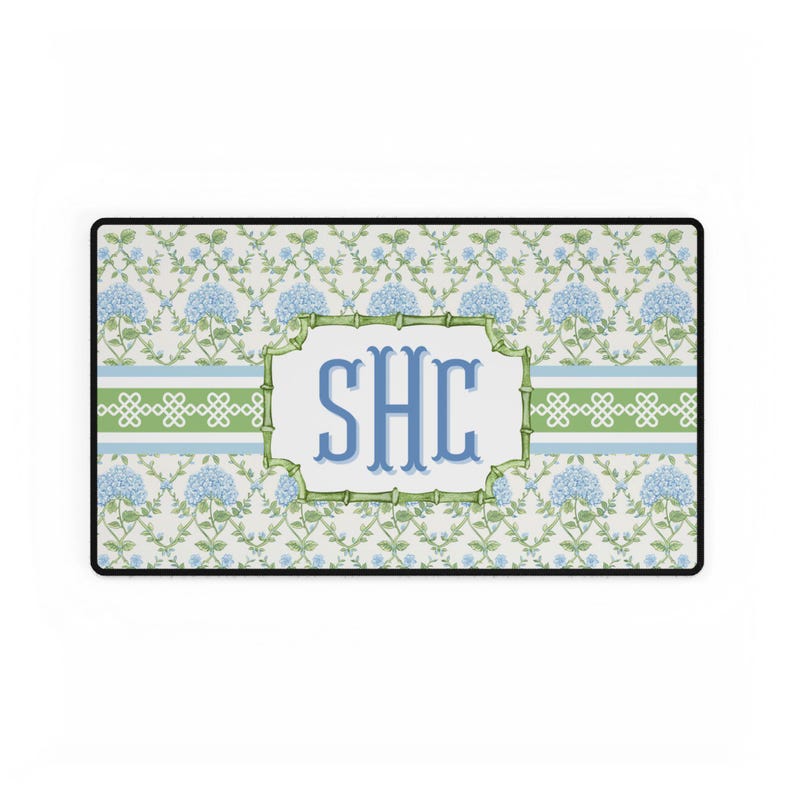 Monogrammed Floral Desk Mat: Blue Hydrangea, Personalized Home Office Decor image 4