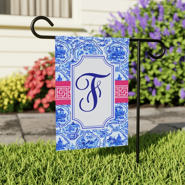 Personalized Chinoiserie Welcome Flag, Preppy Garden Flag, Modern Outdoor Decor