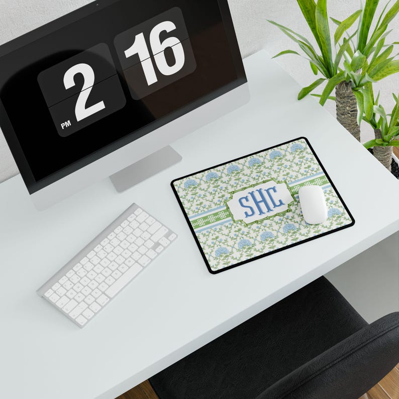 Monogrammed Floral Desk Mat: Blue Hydrangea, Personalized Home Office Decor image 6