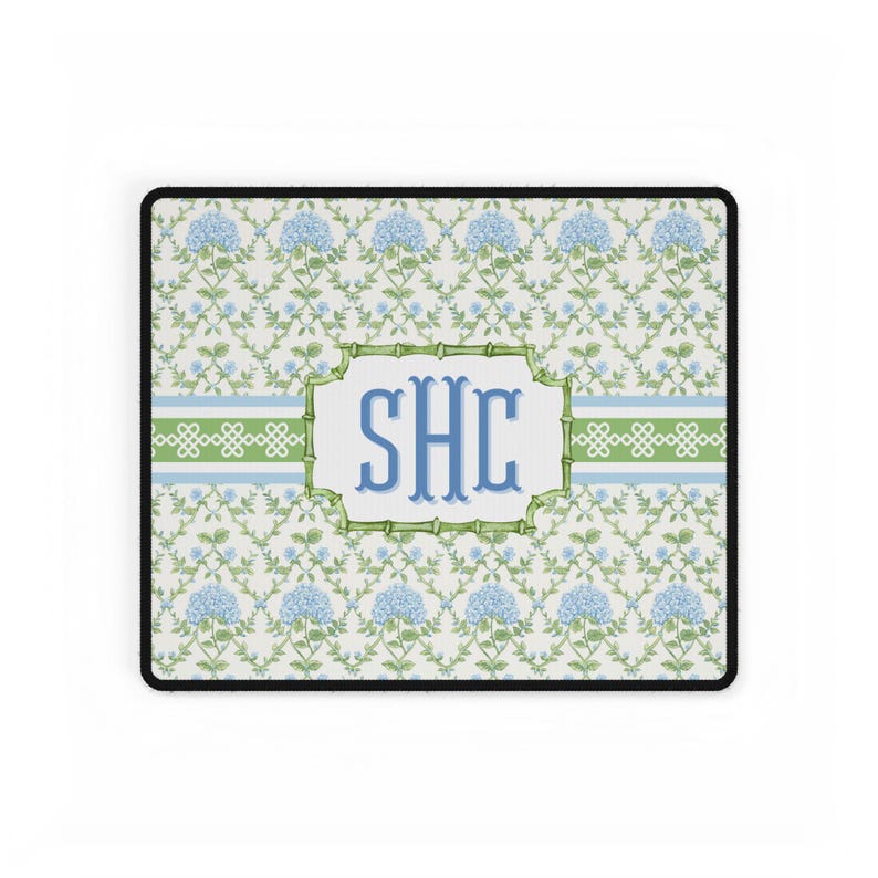 Monogrammed Floral Desk Mat: Blue Hydrangea, Personalized Home Office Decor image 3