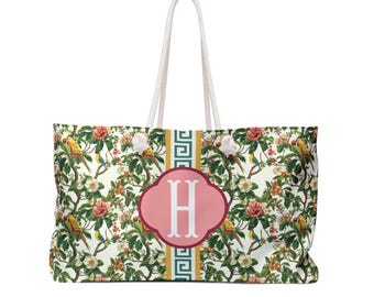 Chinoiserie Mahjong Tote, Monogrammed Travel Bag, Grandmillennial Yellow Birds