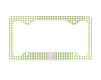 Hydrangea Monogram License Plate Frame, Gingham Preppy Floral Car Decor