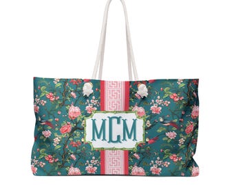 Monogrammed Chinoiserie Mahjong Tote Bag: Teal & Pink Bird Design